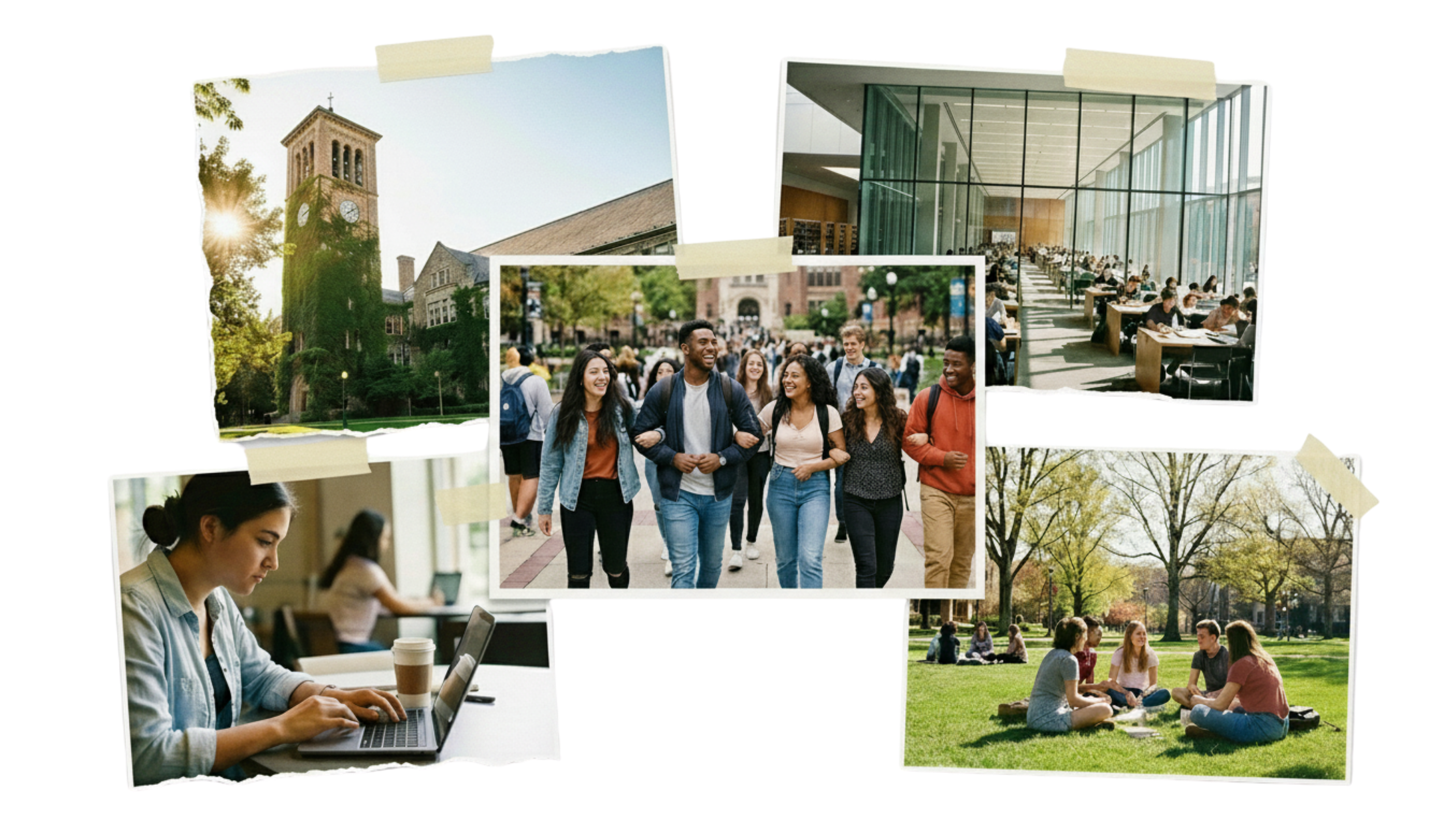 College life — campus, library, students studying together